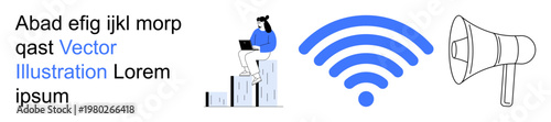 Wireless technology, online communication, digital media, internet services, information exchange, connectivity. Woman working on laptop, wireless signal megaphone. Wireless technology and online