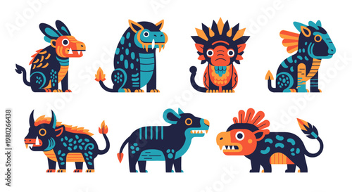 Colorful fantasy creatures standing together.