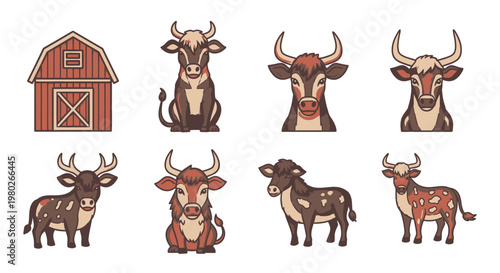 Colorful illustration of cows and bulls.