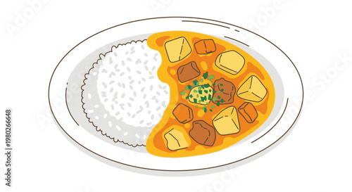 Delicious curry with potatoes and rice.