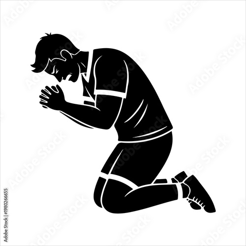 Silhouette of a man kneeling in prayer or contemplation.