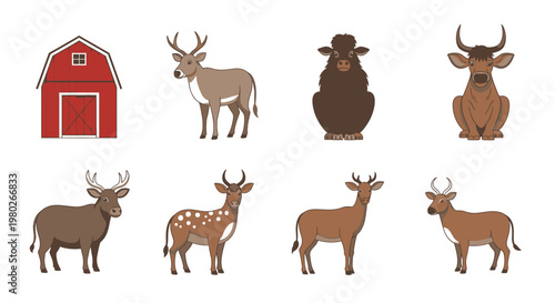 Farm animals and barn icons set.