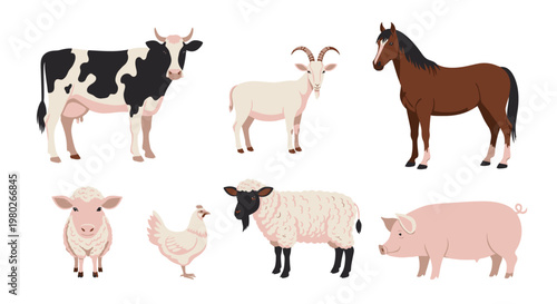 Farm animals standing on white background.