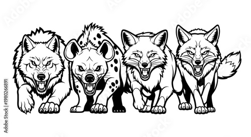 Four cartoon animals standing together smiling.