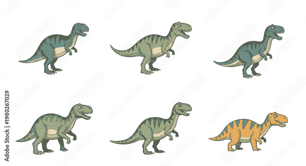 Obraz premium Group of green and orange dinosaurs.