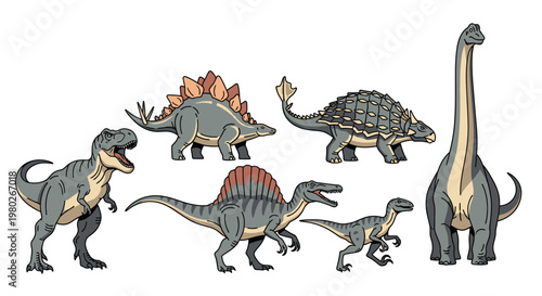 Group of dinosaurs standing together.