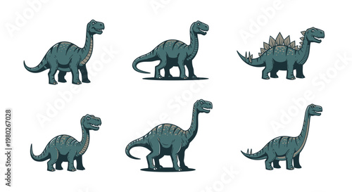 Group of green toy dinosaurs standing.