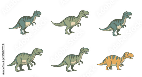 Group of green and orange dinosaurs.