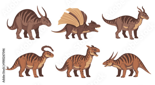 Group of six brown dinosaurs standing.
