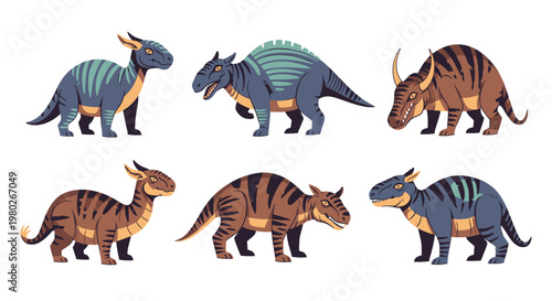 Group of six dinosaur toys standing.