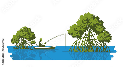 Man fishing from a small boat.