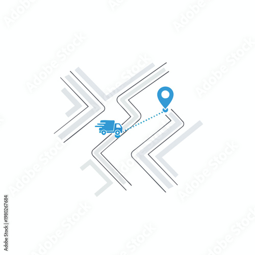 Delivery Truck Navigating a Modern Road with GPS Marker