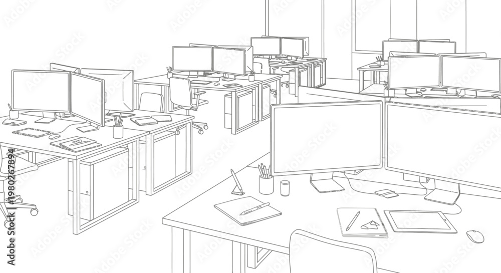 Fototapeta premium Office Workspace with Multiple Desks.