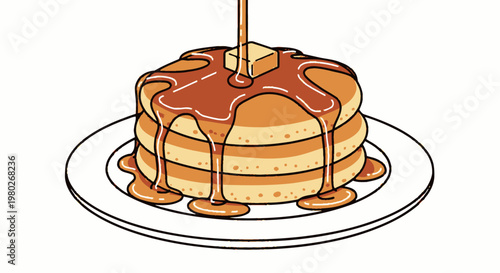 Stack of pancakes with syrup dripping.