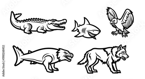 Wild animals predator shark crocodile wolf.