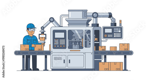 Worker operates industrial packaging machine.