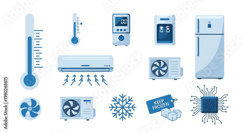 A collection of blue toned icons representing various cooling and temperature regulation appliances