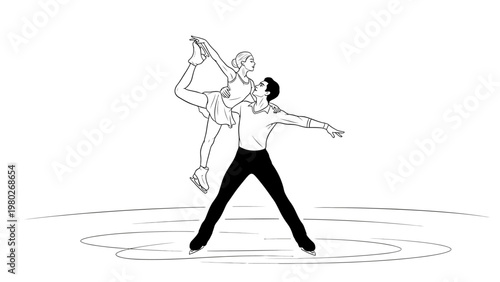 A minimalist line drawing of a man dancing with a woman in a dynamic pose on a white background with simple lines.