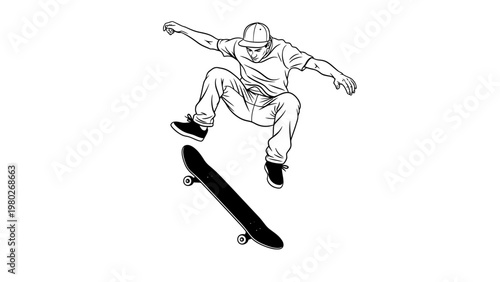 A skateboarder performs a trick with the board airborne in a simple line drawing on a white background.