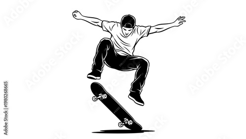 A skateboarder performs a trick with arms outstretched on a white background in a black and white illustration.