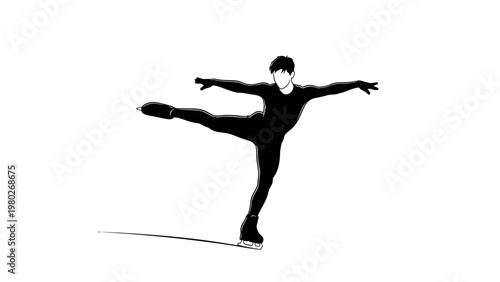 A silhouette of a figure skater in a dynamic pose against a plain white background with a subtle shadow effect.