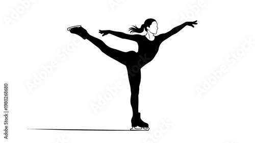 Silhouette of a figure skater performing a pose on ice with one leg raised and arms extended on a white background.