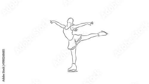 Line drawing of a figure skater in a graceful pose with arms outstretched on a plain white background.