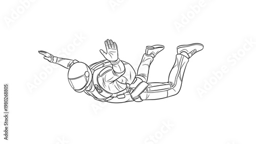 Line drawing of a person in a dynamic pose with arms and legs extended on a plain white background.