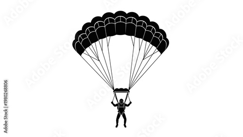A black silhouette of a person parachuting with a deployed parachute against a white background.