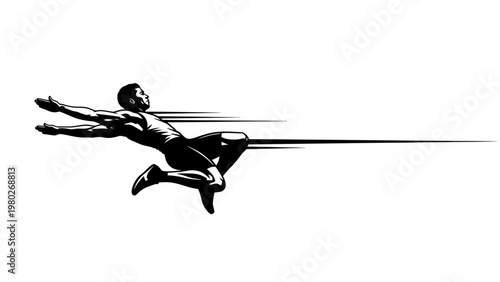 A black silhouette of a man running quickly with motion lines against a white background.