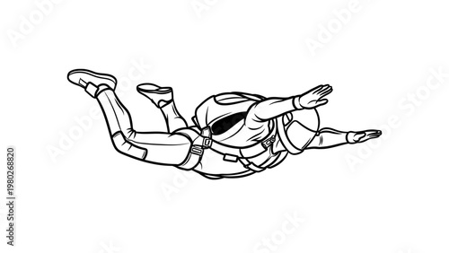 A black and white line drawing of a person skydiving in a dynamic pose against a plain white background.