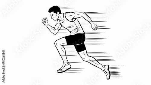 A male runner in motion, sprinting to the left with motion lines behind him on a white background.