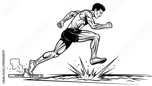 A muscular man runs quickly with motion lines and smoke behind him on a white background in a dynamic illustration.