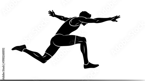 A silhouette of a male athlete sprinting forward with outstretched arms and legs in motion against a solid white background.