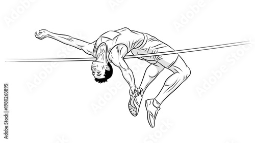 A male athlete clears a hurdle with a dynamic motion in a black and white line drawing with a focused expression.