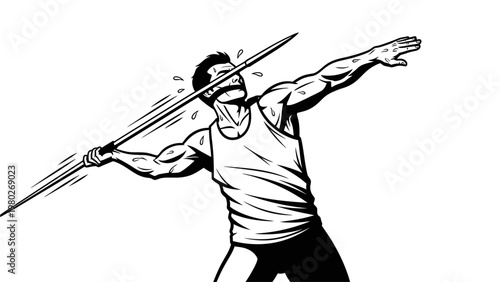 Illustration of a muscular man in a white tank top throwing a javelin with a dynamic motion, against a plain white background.