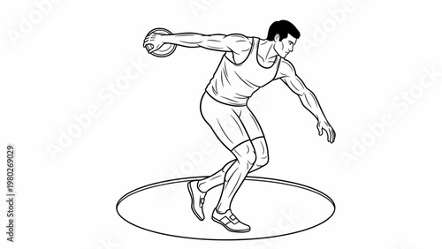 A male athlete in a dynamic throwing motion on a circular platform with a solid white background and a minimalist line drawing style.