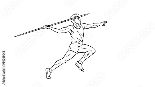 A male athlete in mid-jump, throwing a javelin with outstretched arms and legs, against a clean white background.