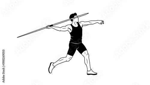 A male athlete in athletic wear runs while holding a javelin over his shoulder against a plain white background.