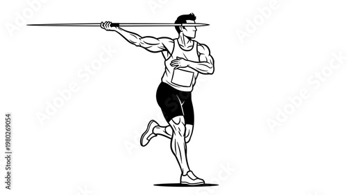A male athlete in athletic wear runs while holding a javelin over his shoulder against a plain white background.