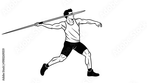 A male athlete in a dynamic stance poised to throw a javelin with a bold black and white illustration style on a clean white background.