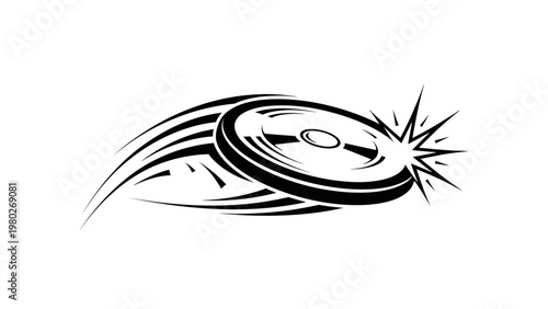 Black and white illustration of a vinyl record with motion lines and a burst of light on a plain white background.