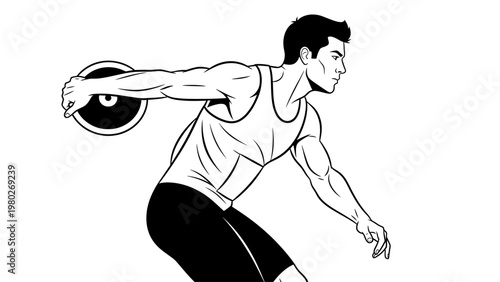 A muscular man in athletic wear throwing a weighted disc with a dynamic motion against a plain white background.