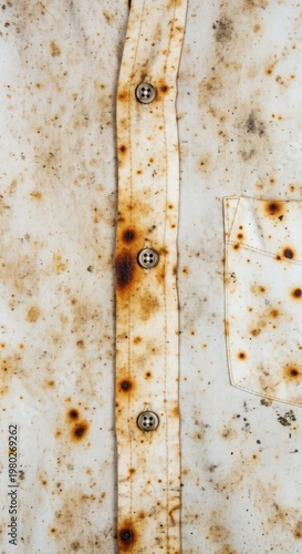 Close-up of a white shirt with numerous rust stains and discoloration, showcasing texture and damage.
