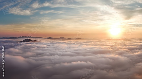 Sunrise Above Clouds Landscape Distant Mountain Peaks Endless White Sea Of Clouds Golden Light Long Shadows High Resolution Tranquil Grandeur Scenery