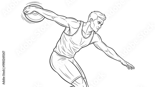 A muscular man in athletic wear throwing a frisbee with dynamic motion lines on a plain white background.