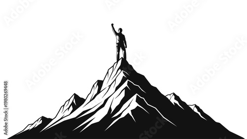 A triumphant person stands on a mountain peak with one arm raised in victory against a clean white background with bold black and white tones.