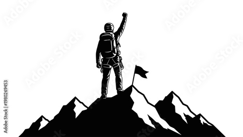 A triumphant hiker stands on a mountain peak with one arm raised and a flag waving, against a plain white background in a graphic illustration.