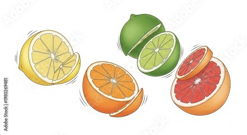 Vibrant Citrus Fruits Halved: Lemon, Orange, Lime, Grapefruit - Fresh & Healthy