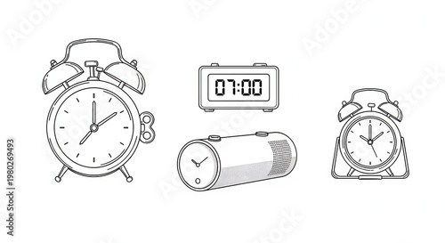 Vintage and Modern Alarm Clocks Collection: Retro Bell, Digital, and Cylindrical Designs